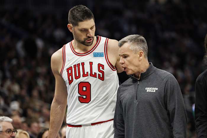 Chicago Bulls center Nikola Vucevic (9) talks with head coach Billy Donovan during the third quarter against the Chicago Bulls during game five of the first round for the 2022 NBA playoffs at Fiserv Forum. Mandatory